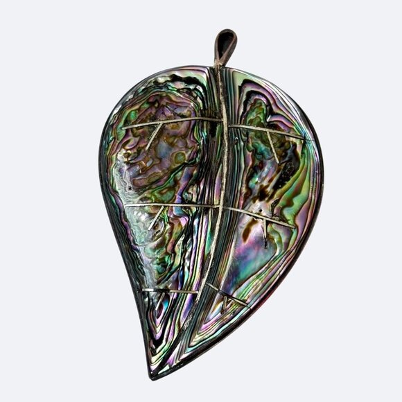 Vtg Sterling Silver Abalone Brooch Leaf-Shaped Nature Sculptural Art 925 Signed - Picture 2 of 9